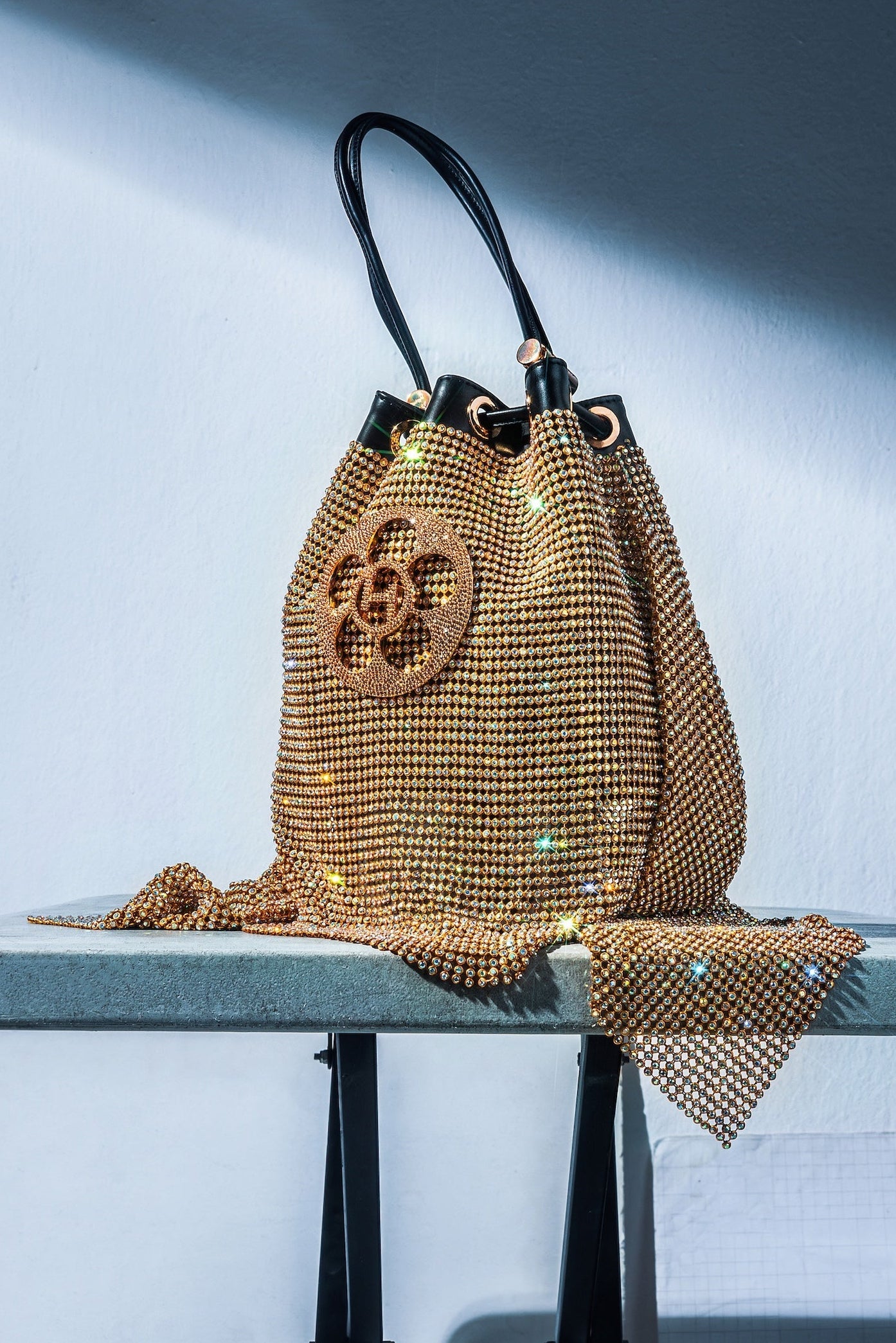 Outhouse Gold Poppi Crystal Bucket Bag available on sincerelyindia